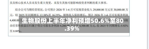 生物股份上半年净利预增50.6%至80.39%