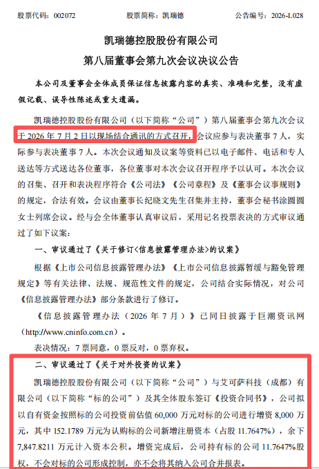 002072公告	，8000万元对外投资